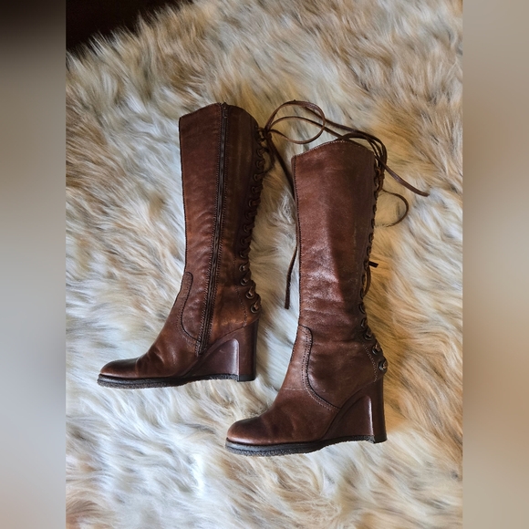 Apepazza Knee High Back Lace Leather Wedge Boots - Picture 4 of 12